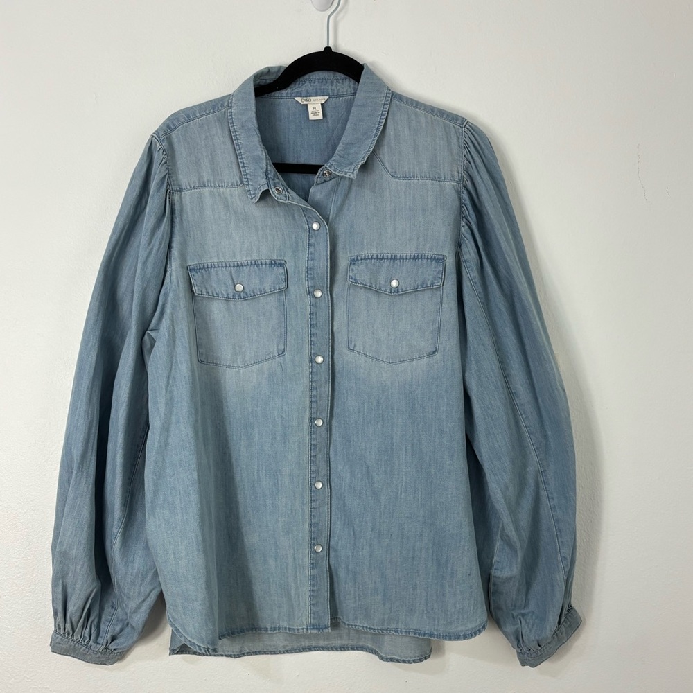 Chambray Denim Pearl Snap‎ Balloon Sleeve Top Western Boho Cottagecore Casual XL